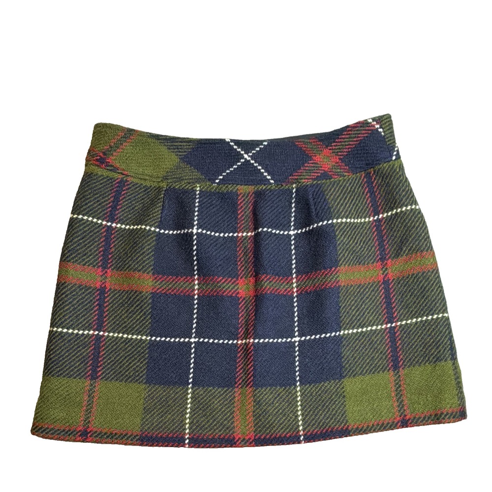 J.CREW Women's Plaid 100% Wool Tweed Mini Skirt Green Navy Red Lined Size 8 - Picture 2 of 4